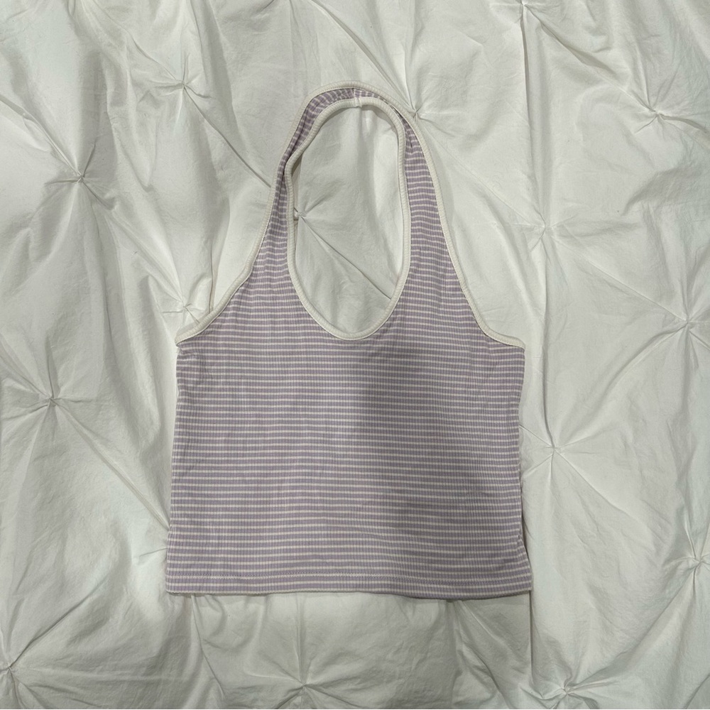 BDG Purple & White Ribbed Cropped Halter Tank